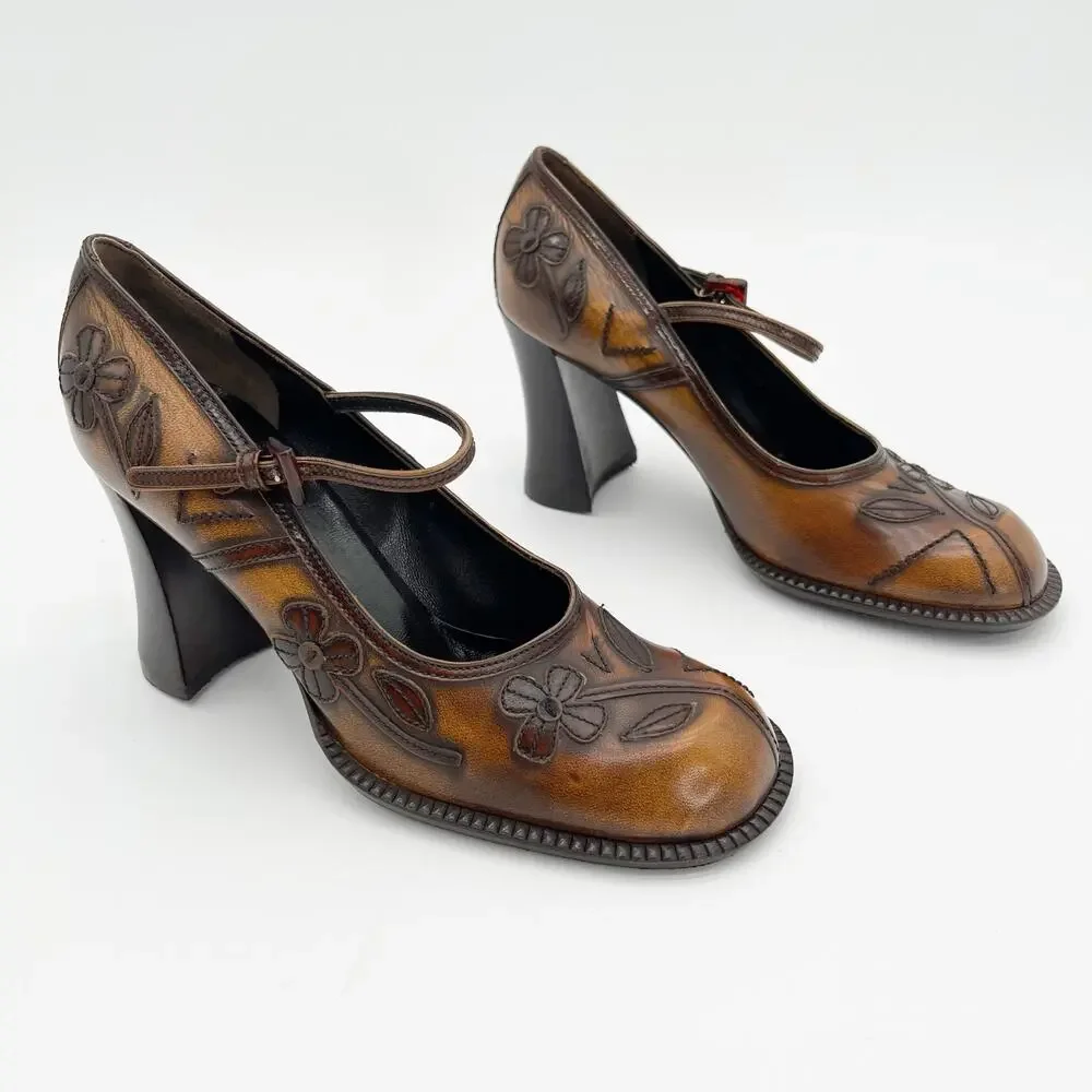 Prada Vintage 1996 Floral Appliqué Antiqued Leather Mary Jane Heels IT 38.5